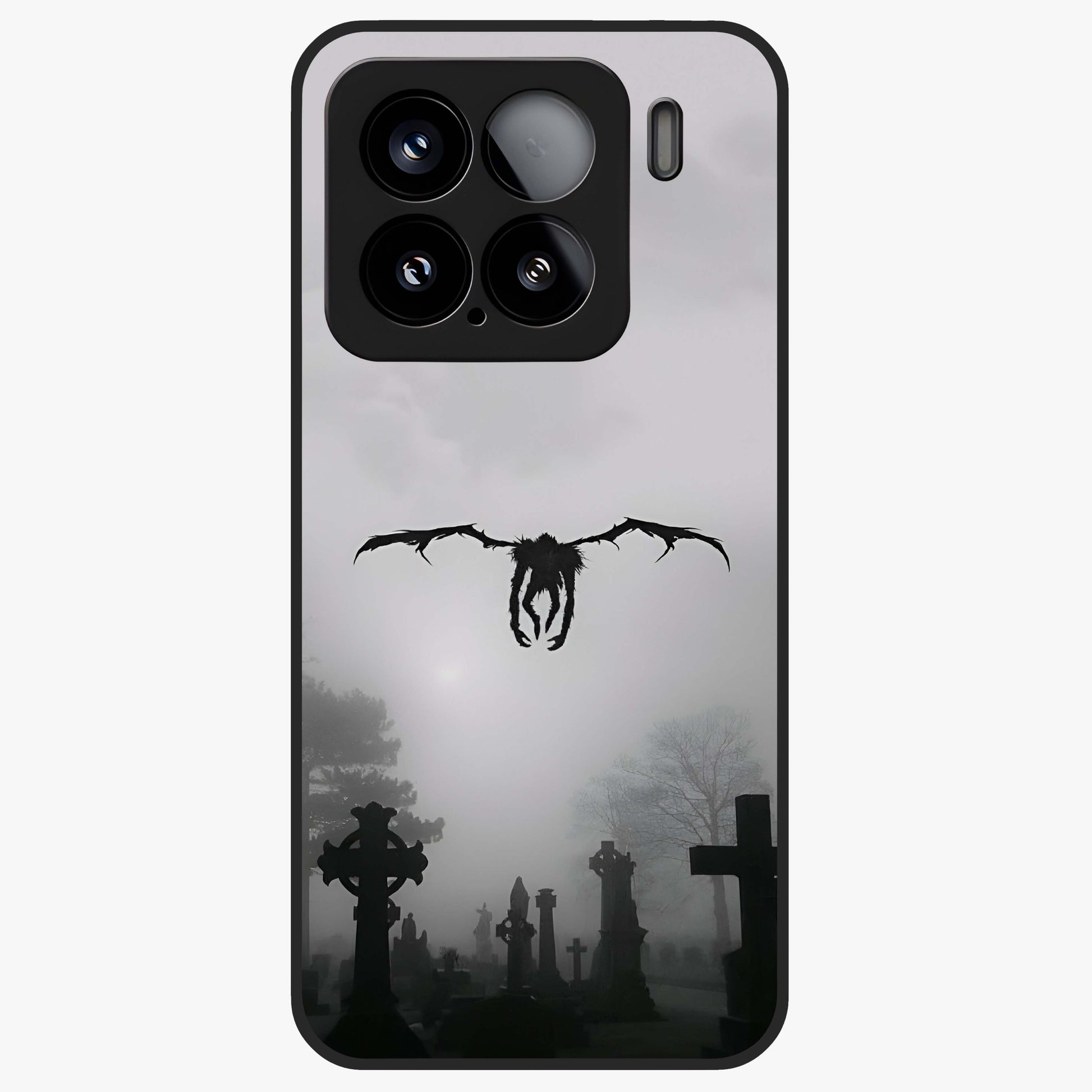 Graveyard Shadow Descent Glass Case showing flat back view with dark graveyard themed artwork and glossy glass finish.