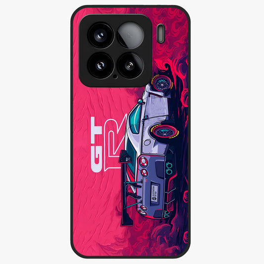 GT-R Car Pattern Glass Case showing flat back view with sporty car inspired pattern artwork and glossy glass finish.