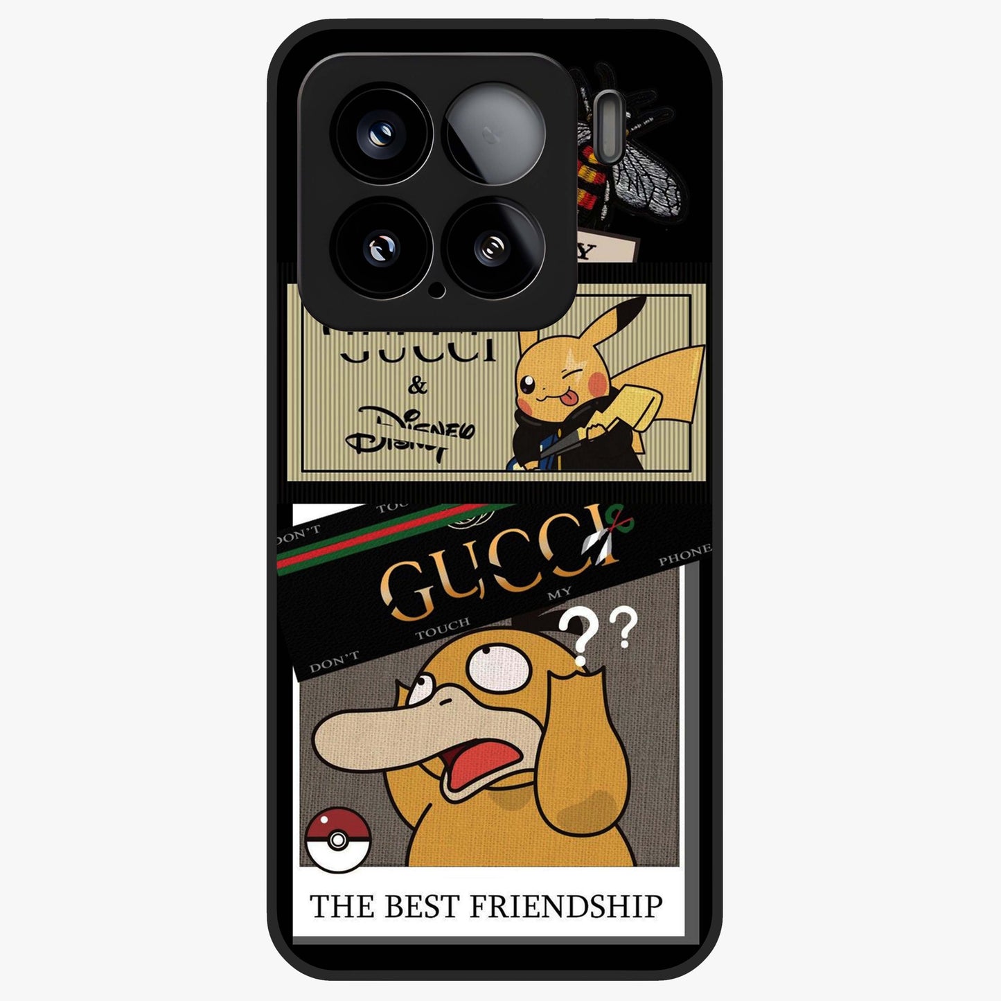 Gucci Play Mashup Glass Case showing flat back view with luxury inspired graphic artwork and glossy glass finish.