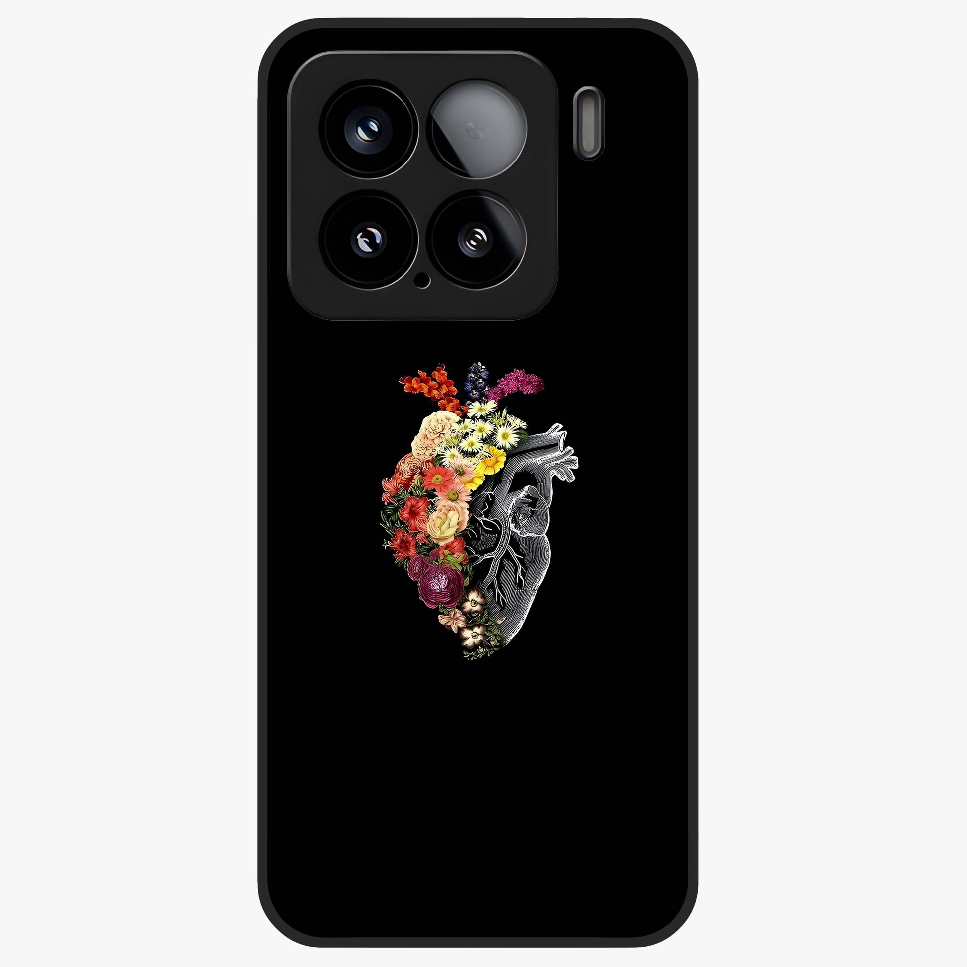 Heart With Flowers Glass Case showing flat back view with heart shaped floral artwork and glossy glass finish.