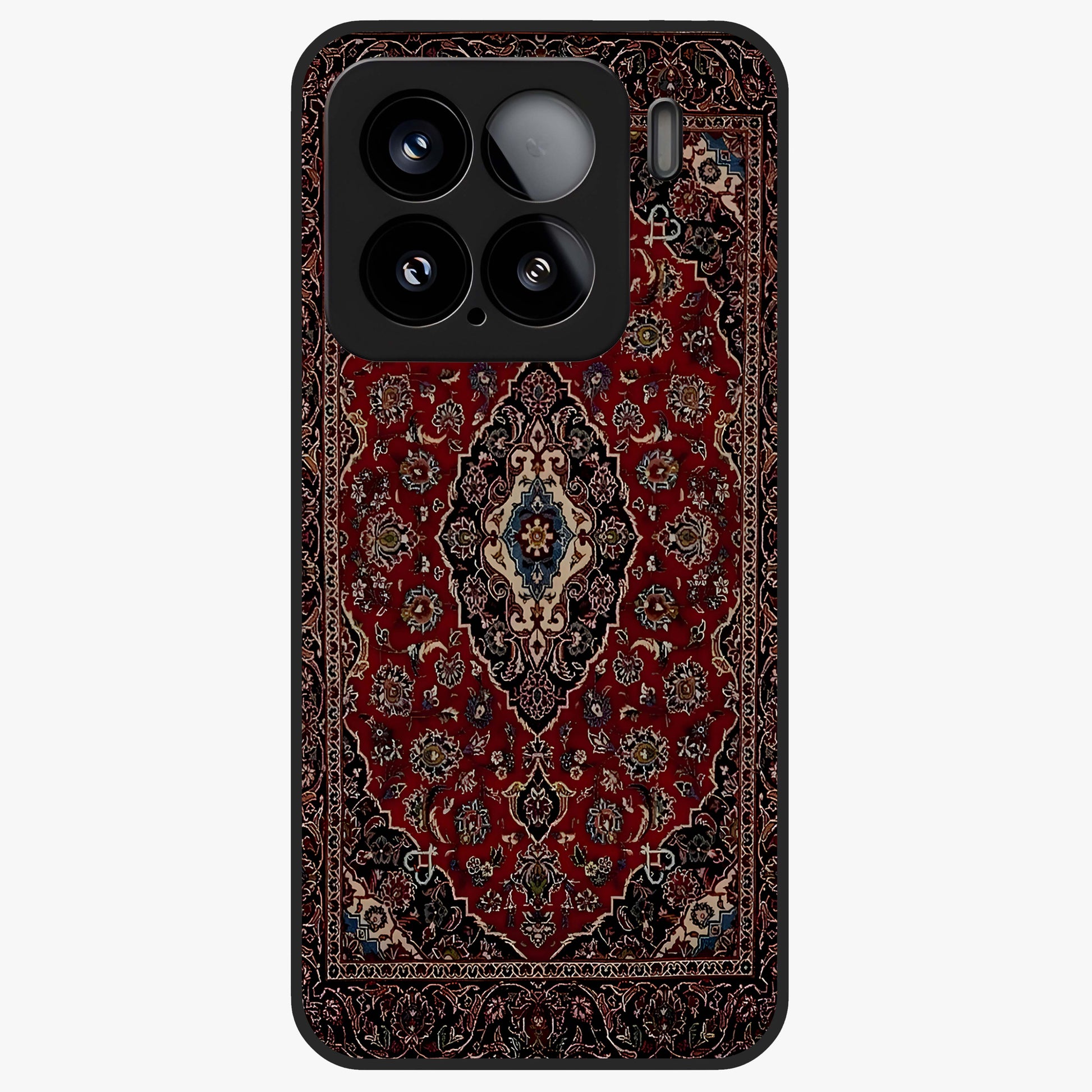 Heritage Carpet Royale Glass Case showing flat back view with ornate Persian carpet inspired pattern and glossy glass finish.