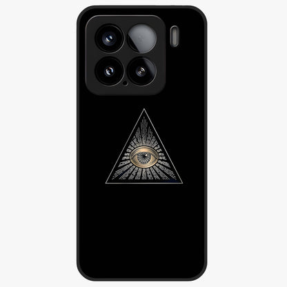 Illuminati Evil Glass Case showing flat back view with mysterious illuminati symbol artwork and glossy glass finish.