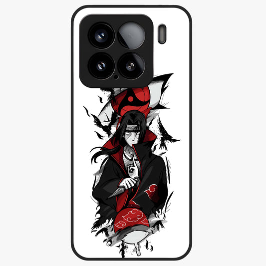 Itachi Sharingan Glass Case showing flat back view with powerful anime eye artwork and glossy glass finish.