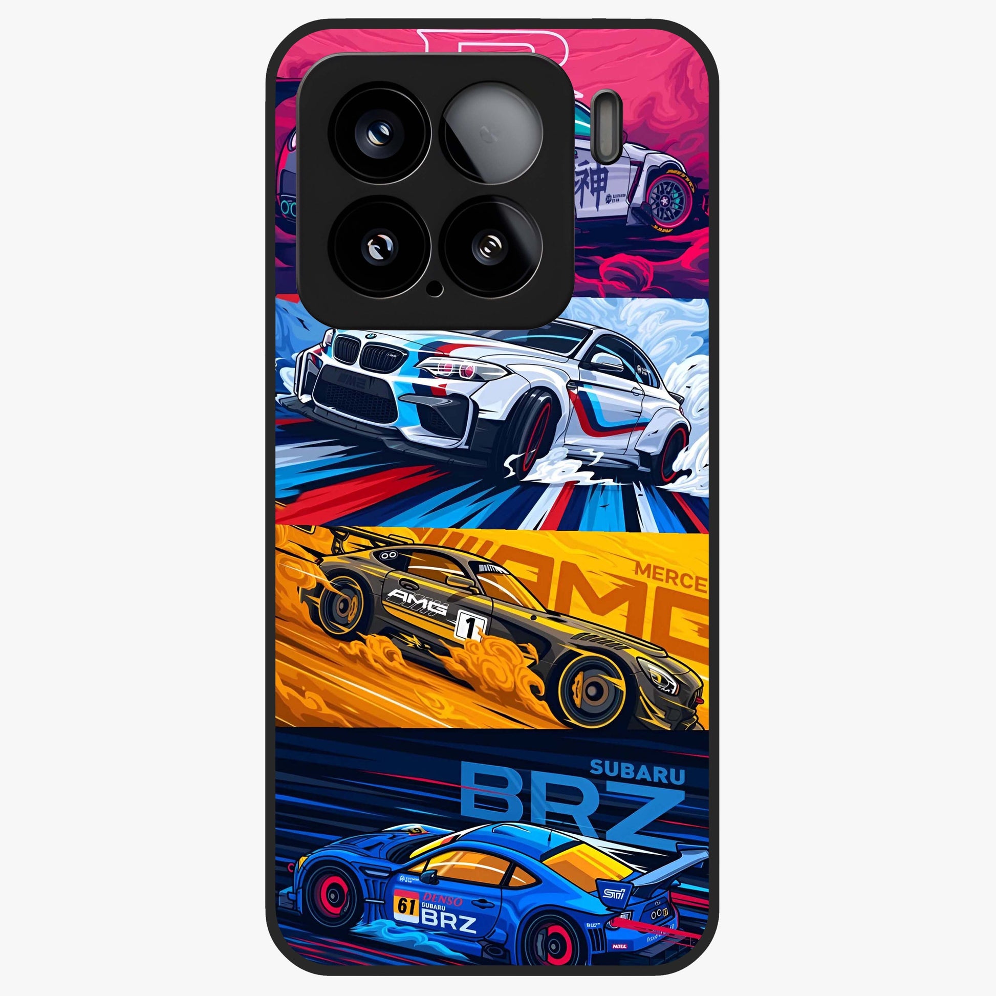 JDM Sports Car Glass Case showing flat back view with high performance sports car artwork and glossy glass finish.
