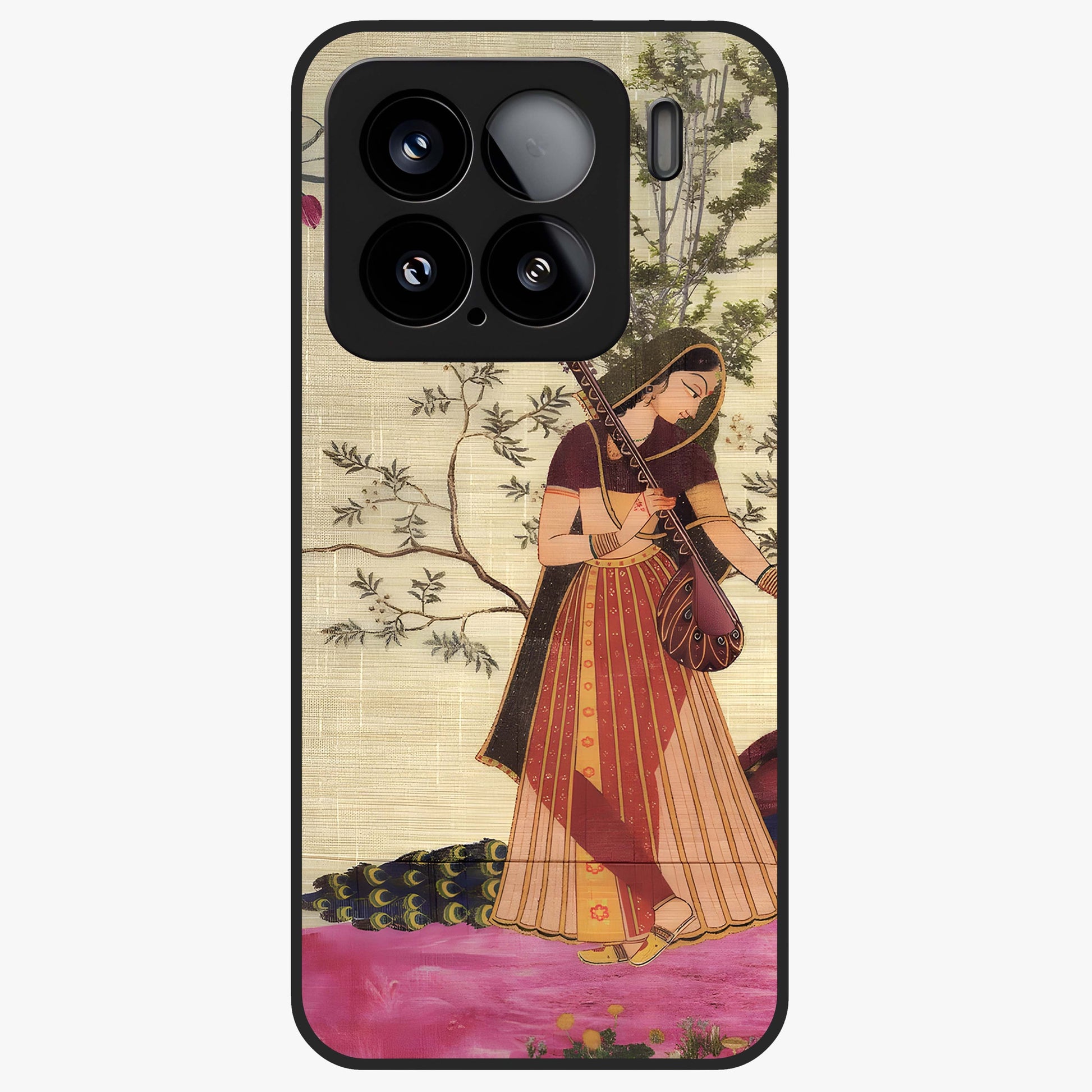 Lady With Veena Art Glass Case showing flat back view with elegant woman playing veena artwork and glossy glass finish.