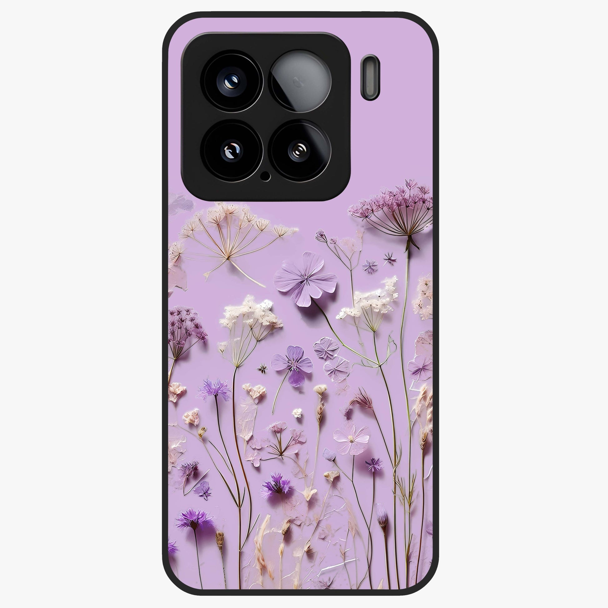 Lavender Blossom Dream Glass Case showing flat back view with soft lavender floral artwork and glossy glass finish.