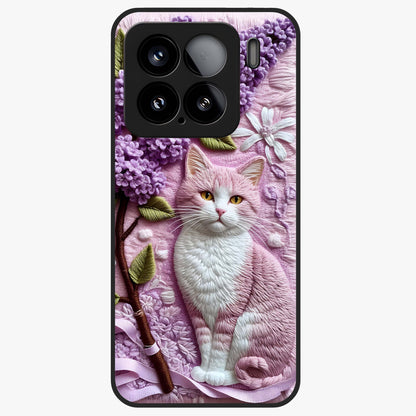 Lavender Cat Whimsy Glass Case showing flat back view with cute lavender cat artwork and glossy glass finish.