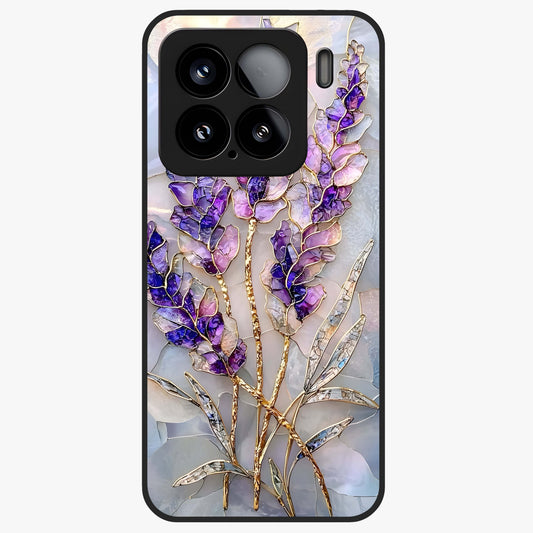 Lavender Dream Glow Glass Case showing flat back view with glowing lavender aesthetic artwork and glossy glass finish.