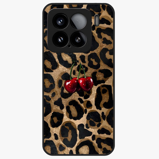 Leopard Wild Cherry Glass Case showing flat back view with leopard pattern and cherry artwork and glossy glass finish.