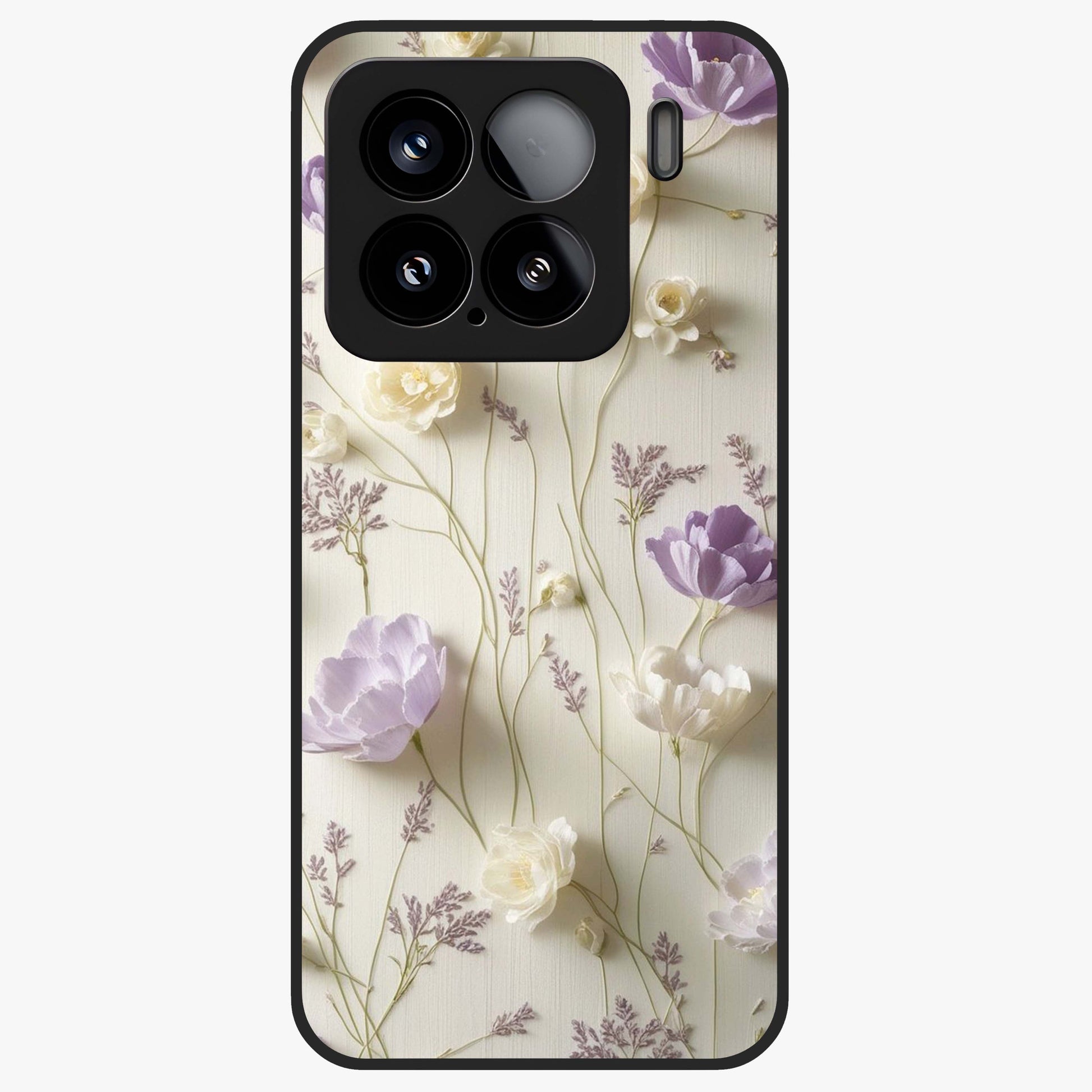 Lilac Breeze Harmony Glass Case showing flat back view with soft lilac themed artwork and glossy glass finish.