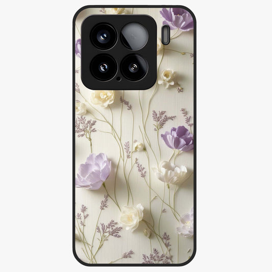 Lilac Breeze Harmony Glass Case showing flat back view with soft lilac themed artwork and glossy glass finish.