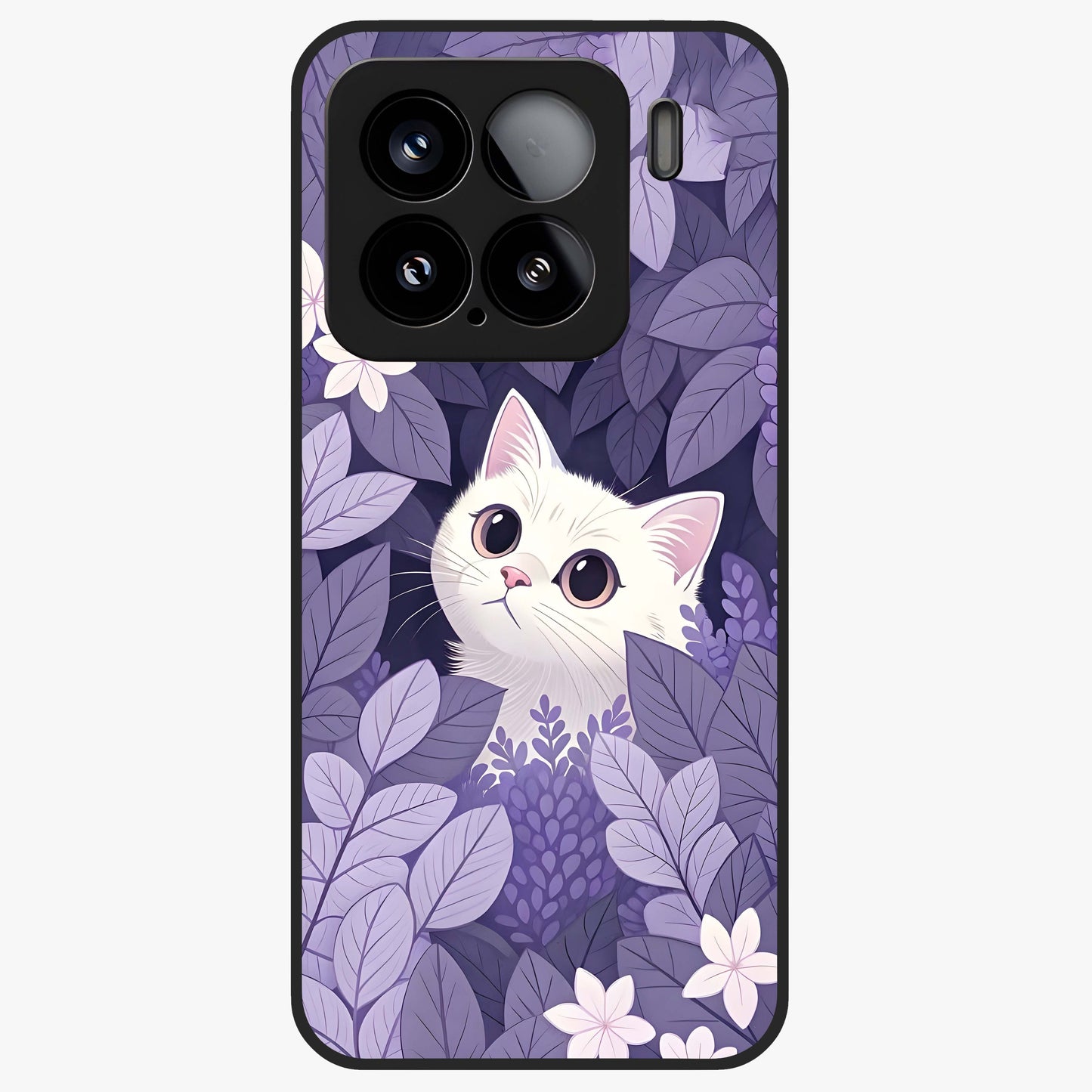 Lilac Hide Peek Cat Glass Case showing flat back view with cute peeking cat artwork and glossy glass finish.