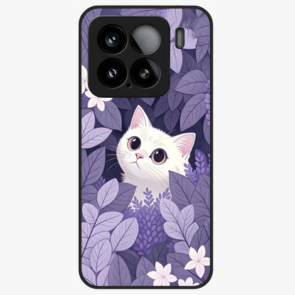 Lilac Hide Peek Cat Glass Case showing flat back view with cute peeking cat artwork and glossy glass finish.