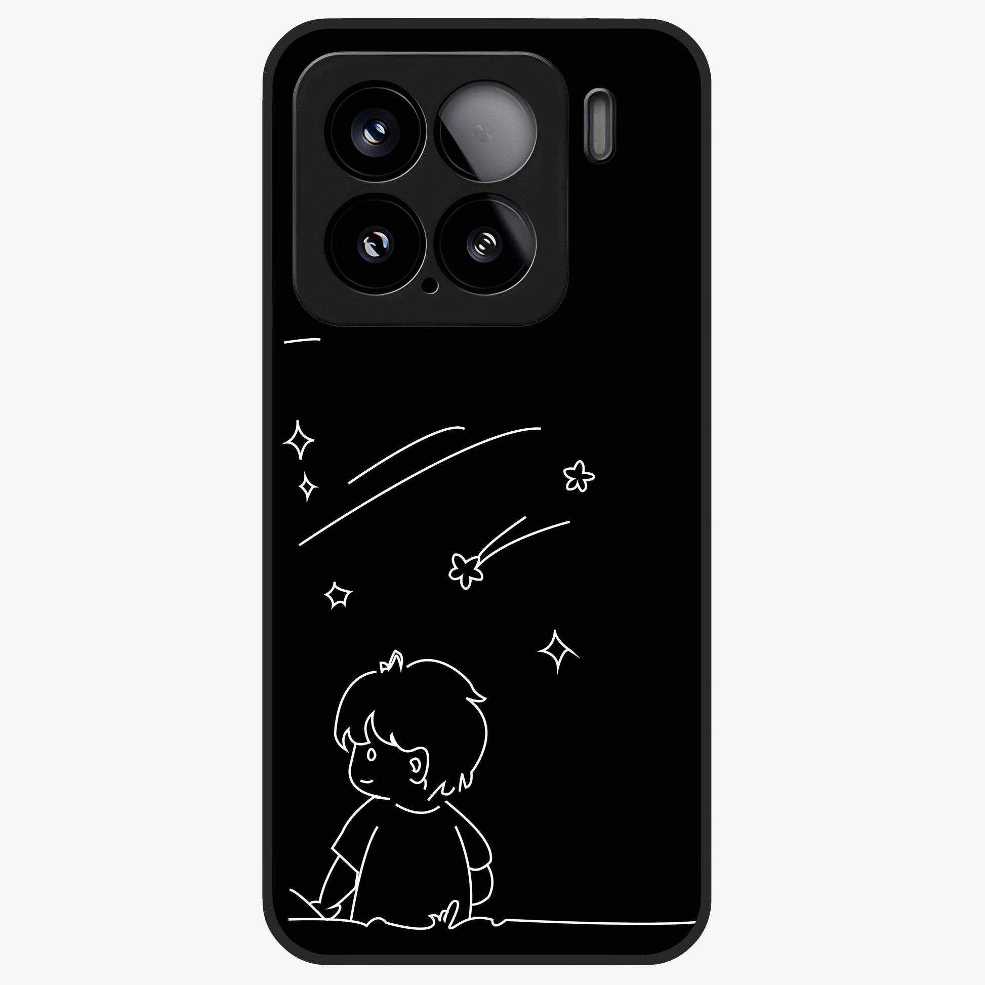 Line Art Boy With Shooting Stars Glass Case showing flat back view with minimal line art boy and shooting stars illustration and glossy glass finish.