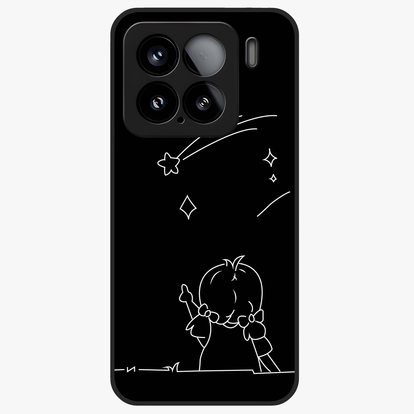 Line Art Girl With Shooting Stars Glass Case showing flat back view with minimal line art girl and shooting stars illustration and glossy glass finish.