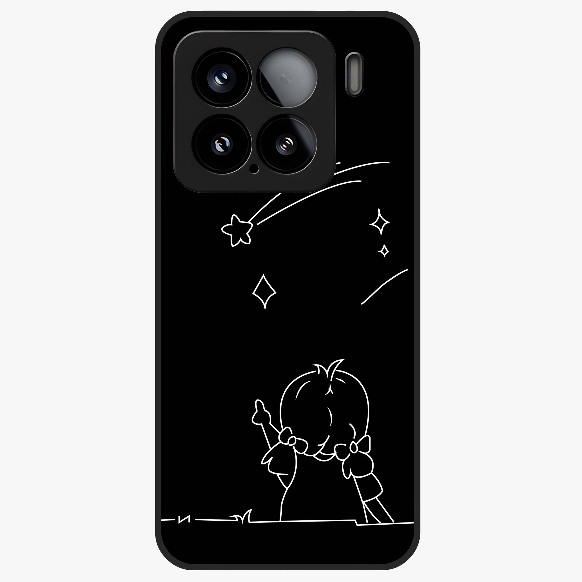 Line Art Girl With Shooting Stars Glass Case showing flat back view with minimal line art girl and shooting stars illustration and glossy glass finish.