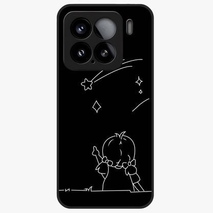 Line Art Girl With Shooting Stars Glass Case showing flat back view with minimal line art girl and shooting stars illustration and glossy glass finish.