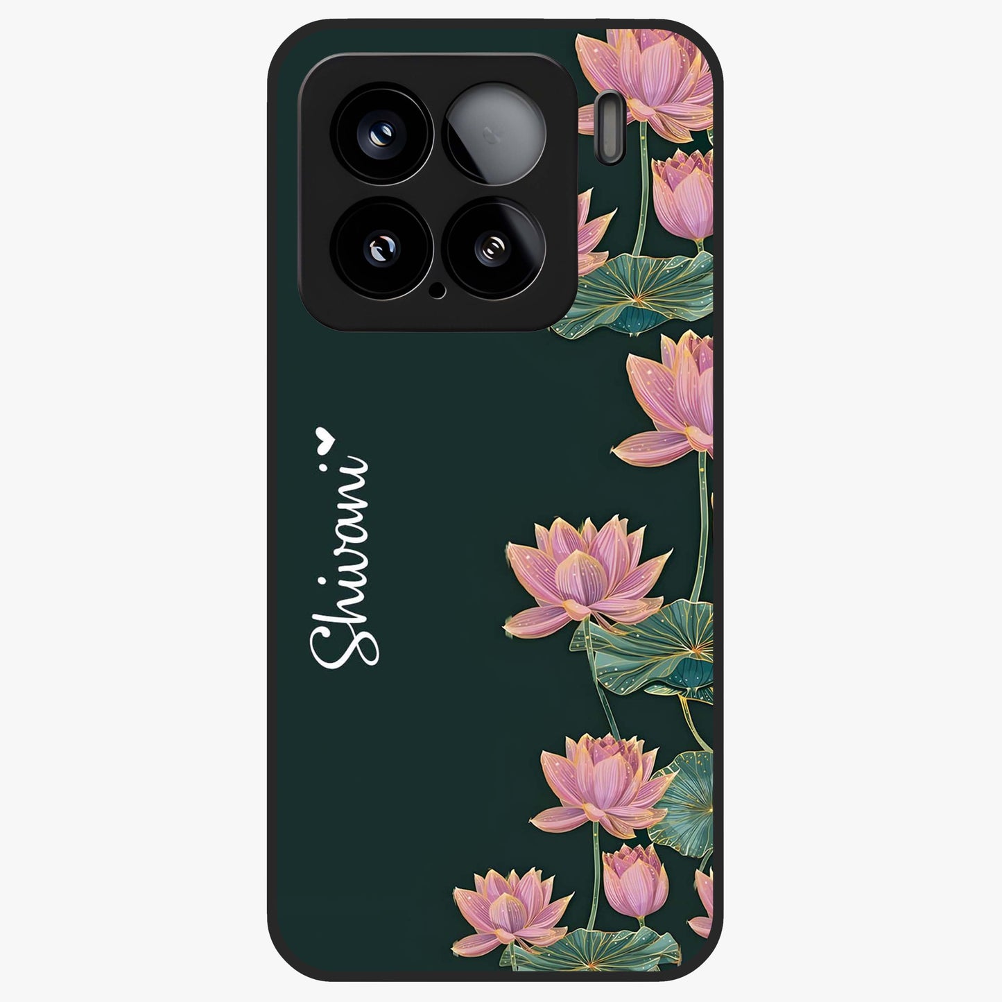 Lotus Bloom Serenity Custom Name Glass Case showing flat back view with elegant lotus flower artwork and personalized name design.