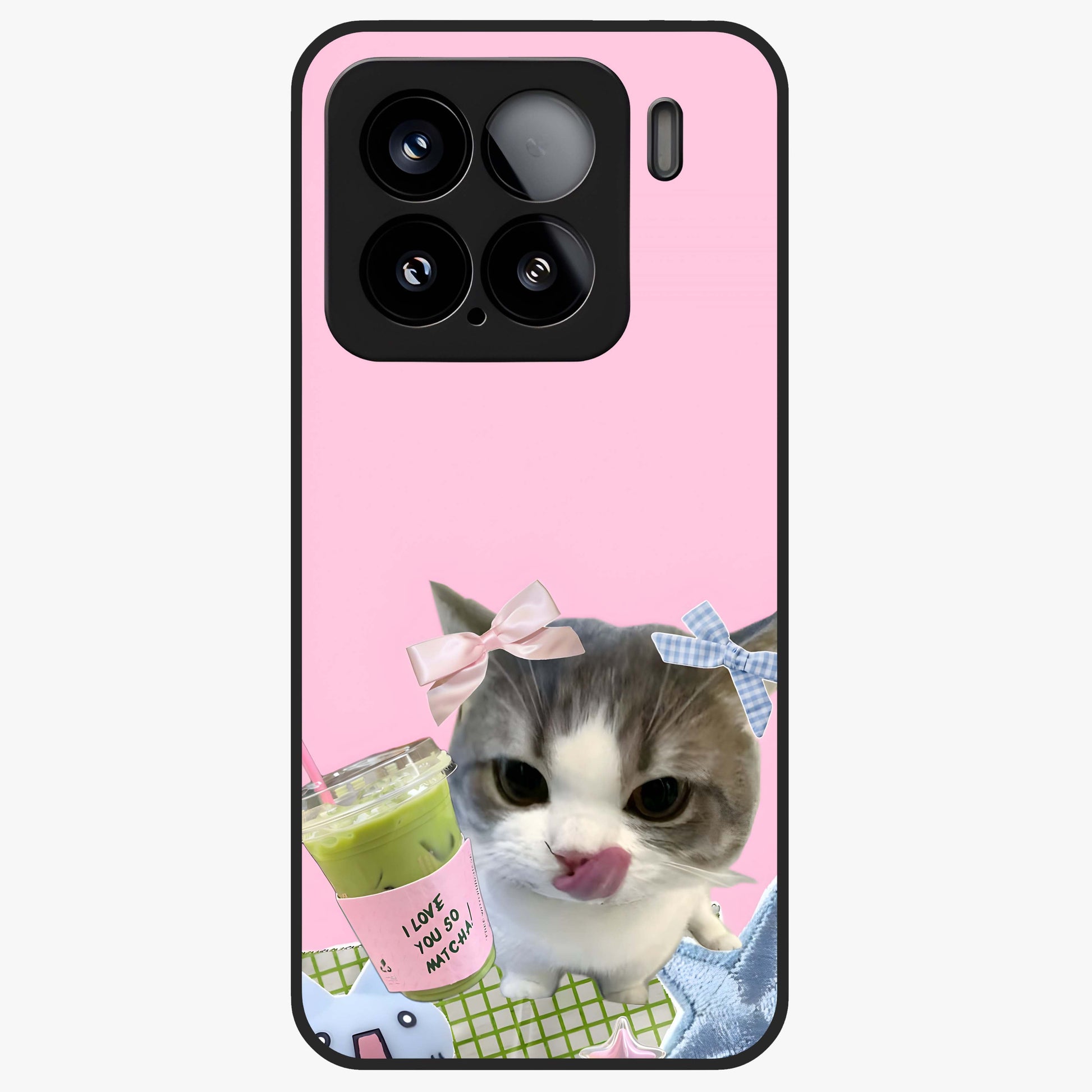 Love Matcha Cat Glass Case showing flat back view with cute cat and matcha themed artwork and glossy glass finish.