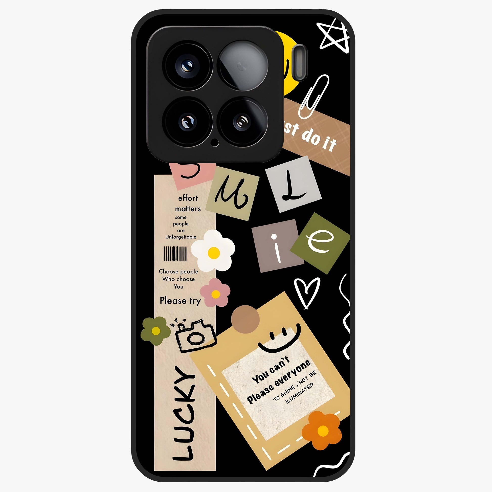 Lucky Aesthetic Collage Glass Case showing flat back view with trendy aesthetic collage artwork and glossy glass finish.