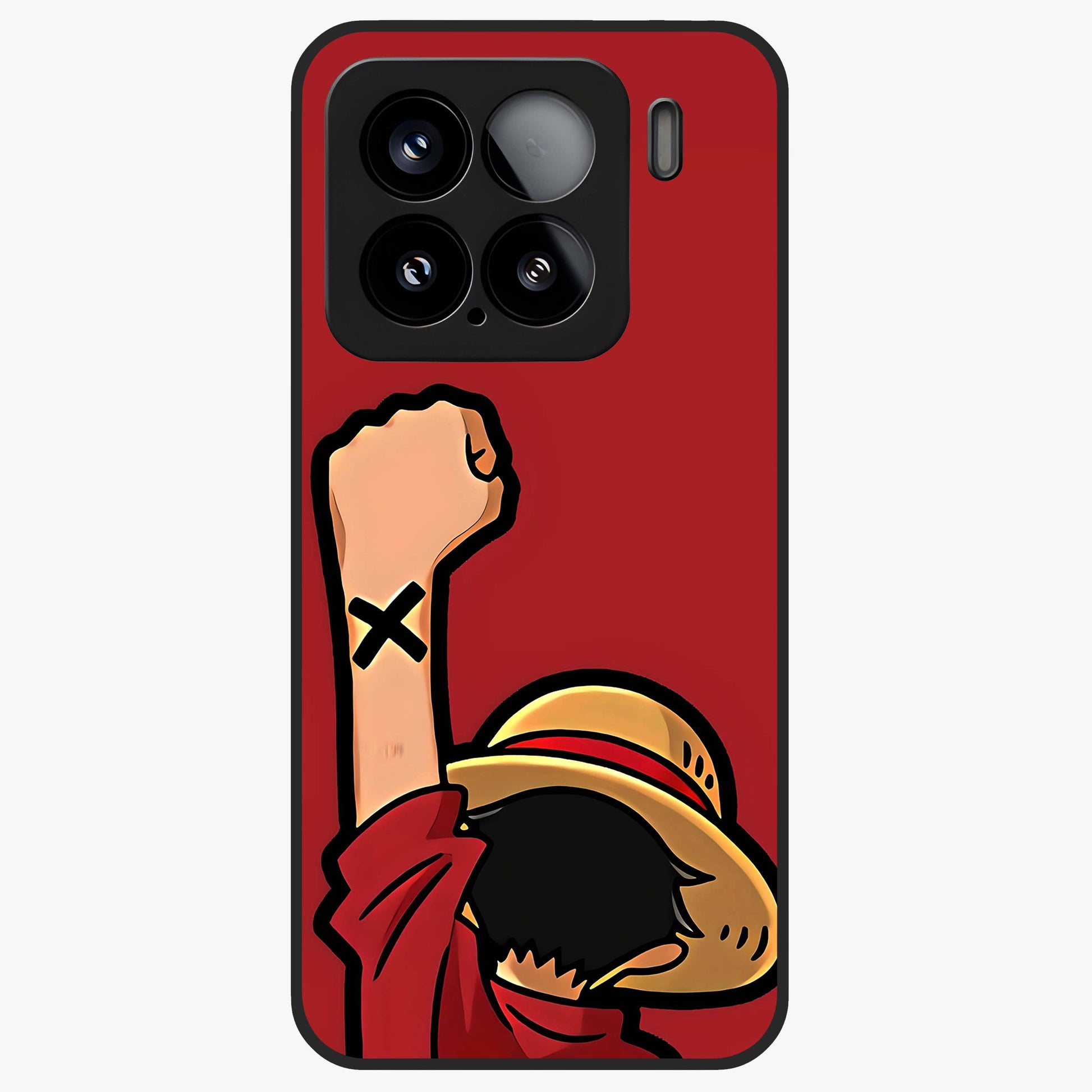 Luffy X Spirit Glass Case showing flat back view with bold anime character artwork and glossy glass finish.