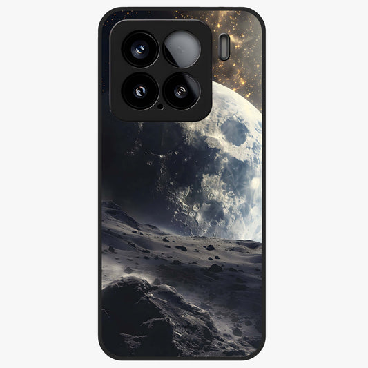 Lunar Horizon Glow Glass Case showing flat back view with glowing moon horizon artwork and glossy glass finish.