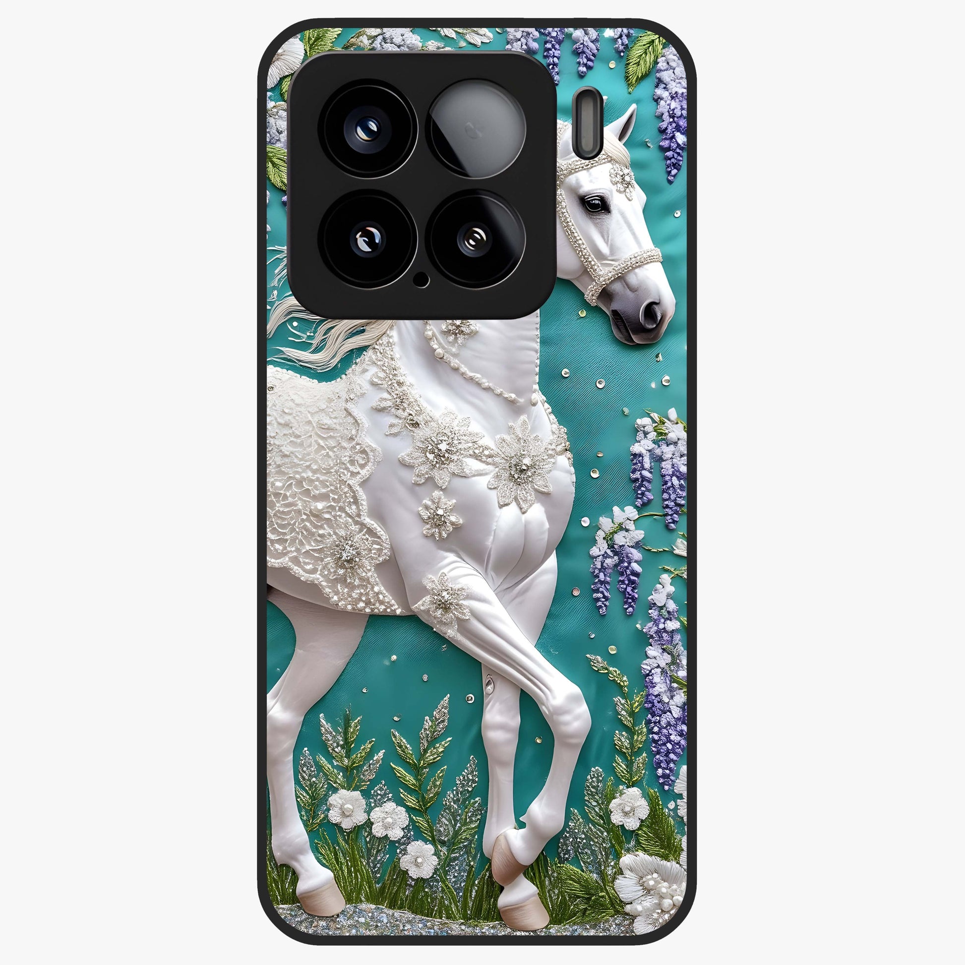 Majestic Floral Stallion Glass Case showing flat back view with powerful horse and floral artwork and glossy glass finish.