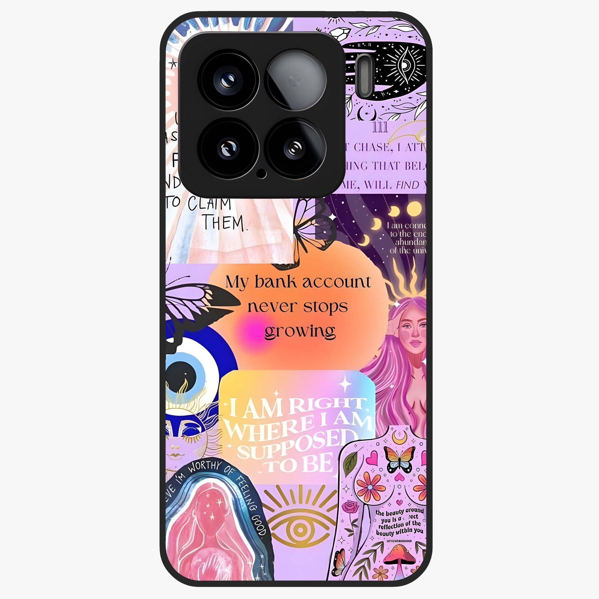 Manifestation Collage Glass Case showing flat back view with motivational collage artwork and glossy glass finish.
