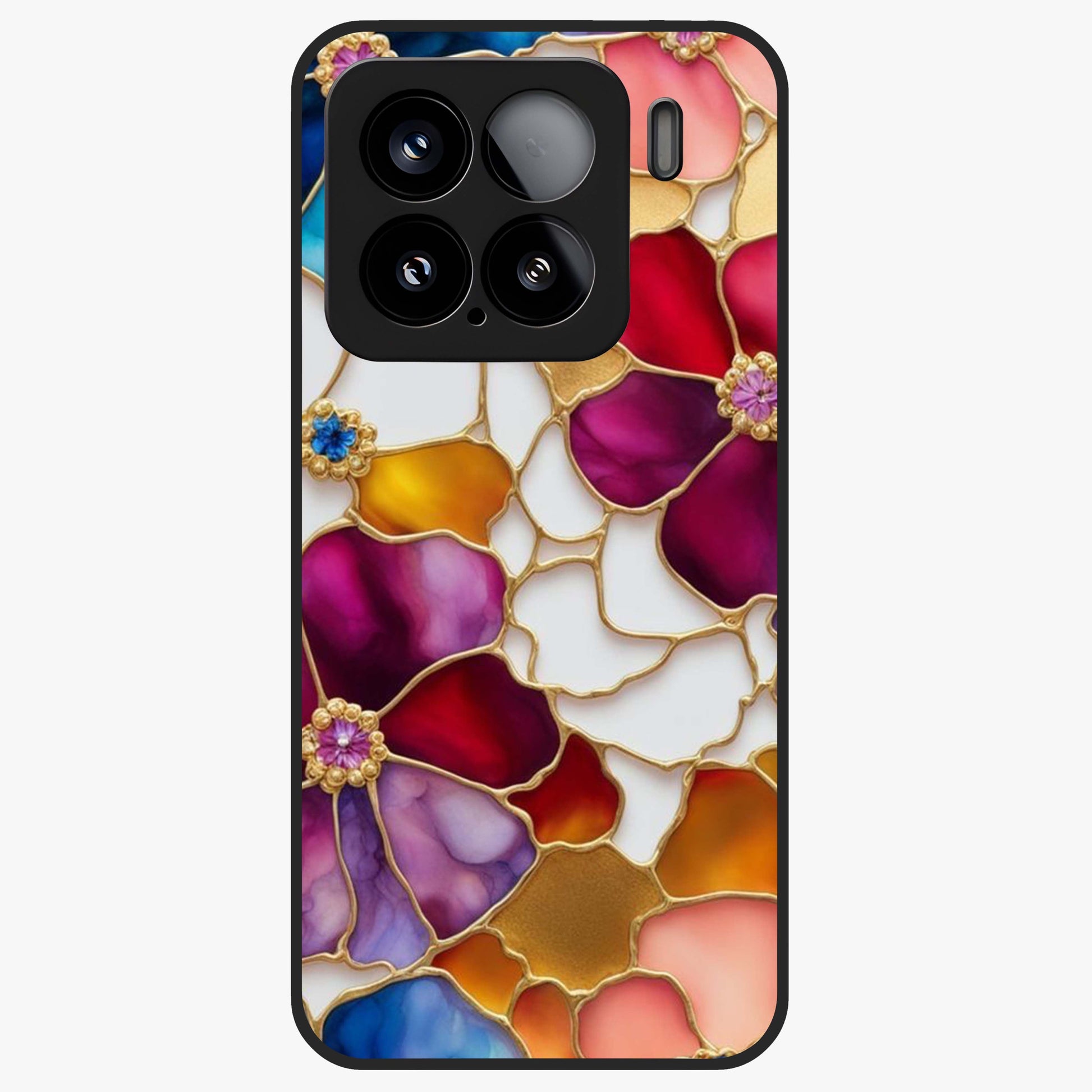 Marble Flower Pattern Glass Case showing flat back view with marble texture floral artwork and glossy glass finish.