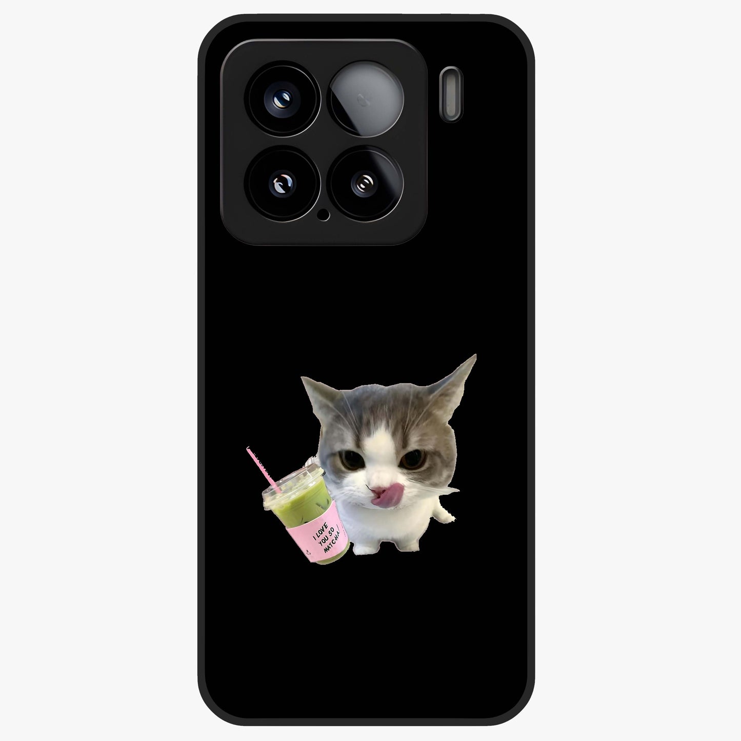 Matcha Cat Style Glass Case showing flat back view with cute matcha themed cat artwork and glossy glass finish.