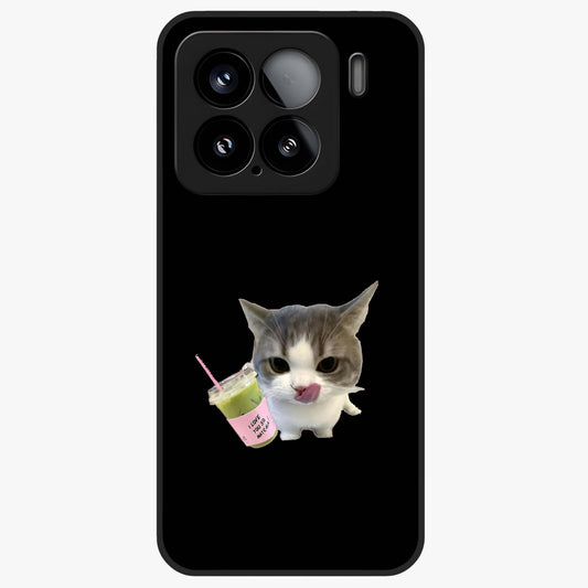 Matcha Cat Style Glass Case showing flat back view with cute matcha themed cat artwork and glossy glass finish.