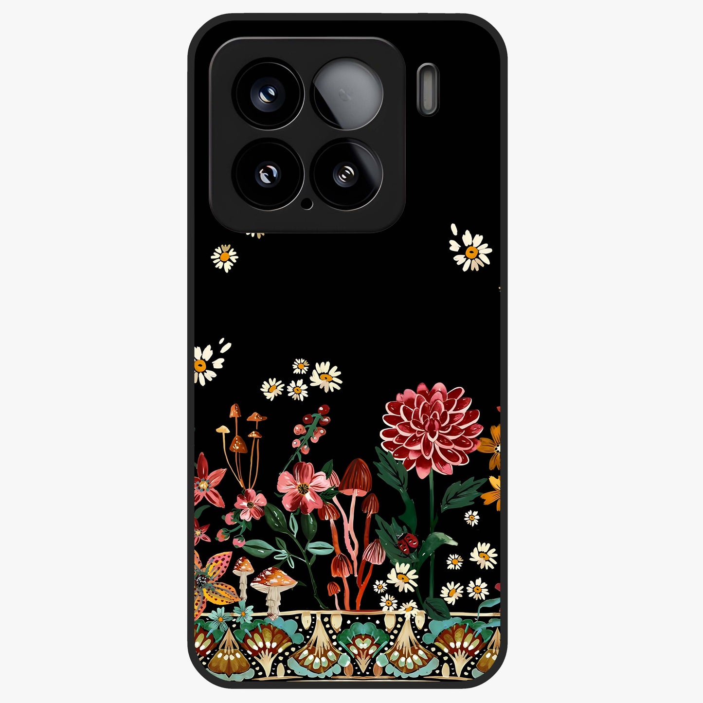 Midnight Bloom Pattern Glass Case showing flat back view with dark floral pattern artwork and glossy glass finish.