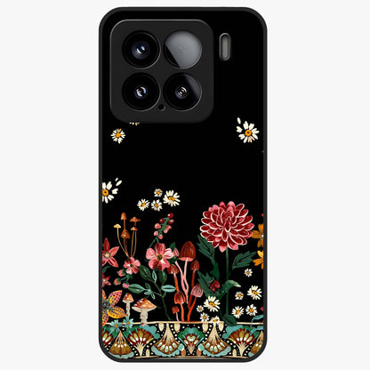 Midnight Bloom Pattern Glass Case showing flat back view with dark floral pattern artwork and glossy glass finish.