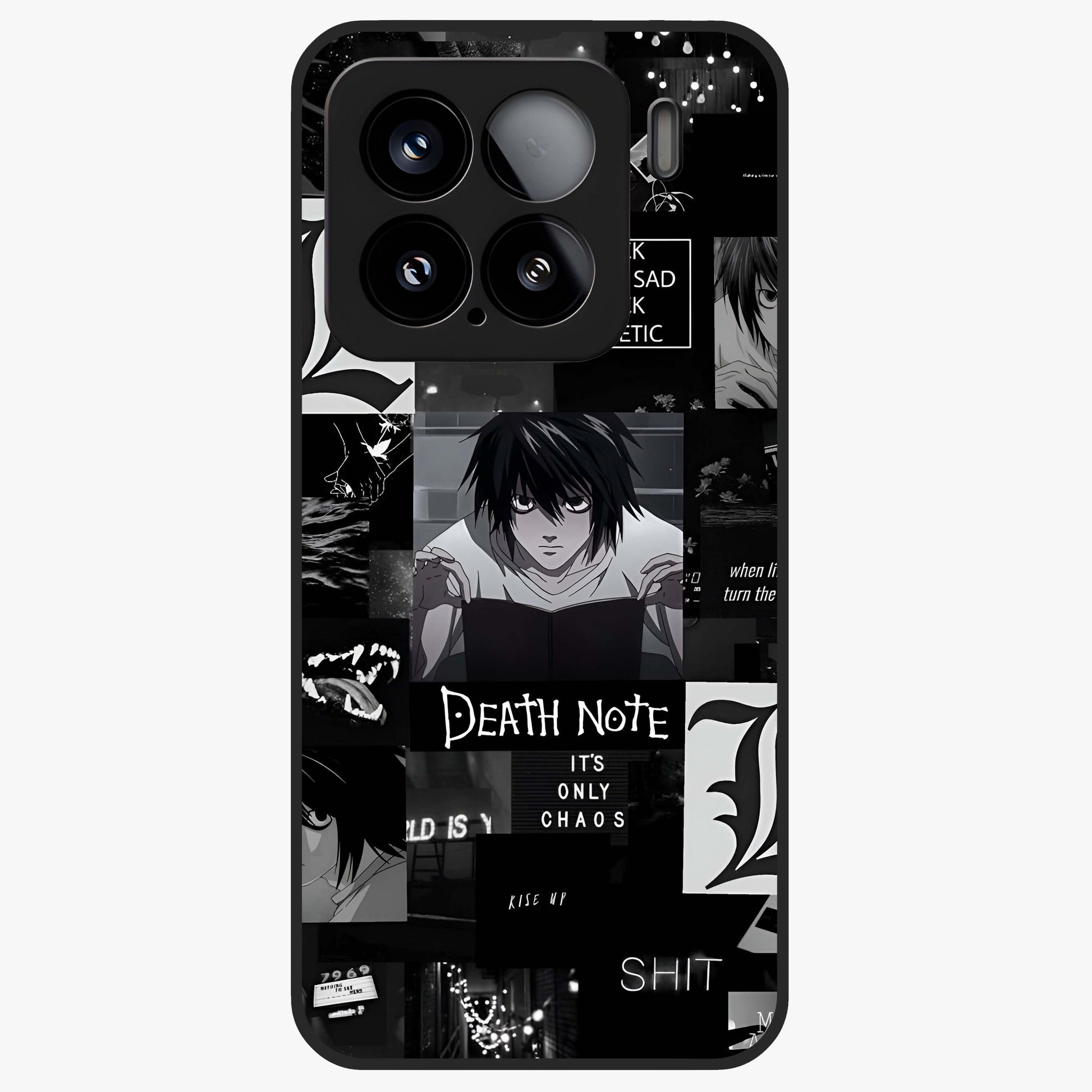 Midnight Chaos Mind Glass Case showing flat back view with abstract dark themed artwork and glossy glass finish.