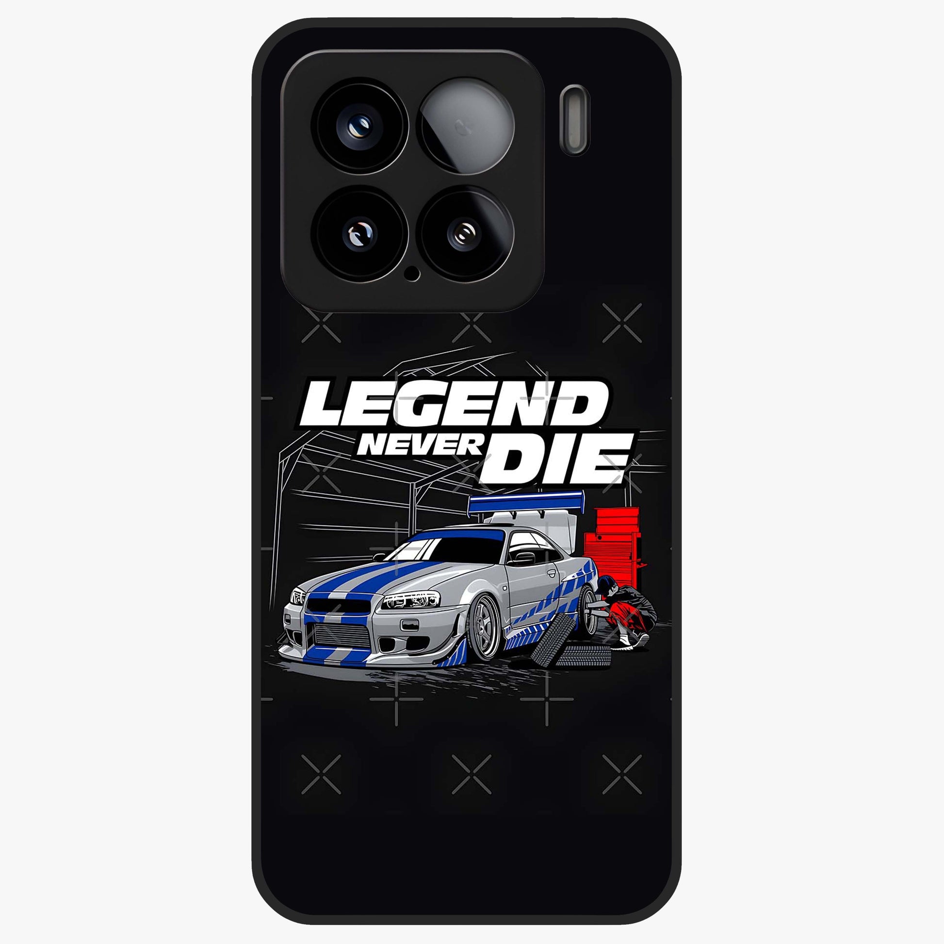 Midnight Racing Legacy Glass Case showing flat back view with sleek racing inspired artwork and glossy glass finish.