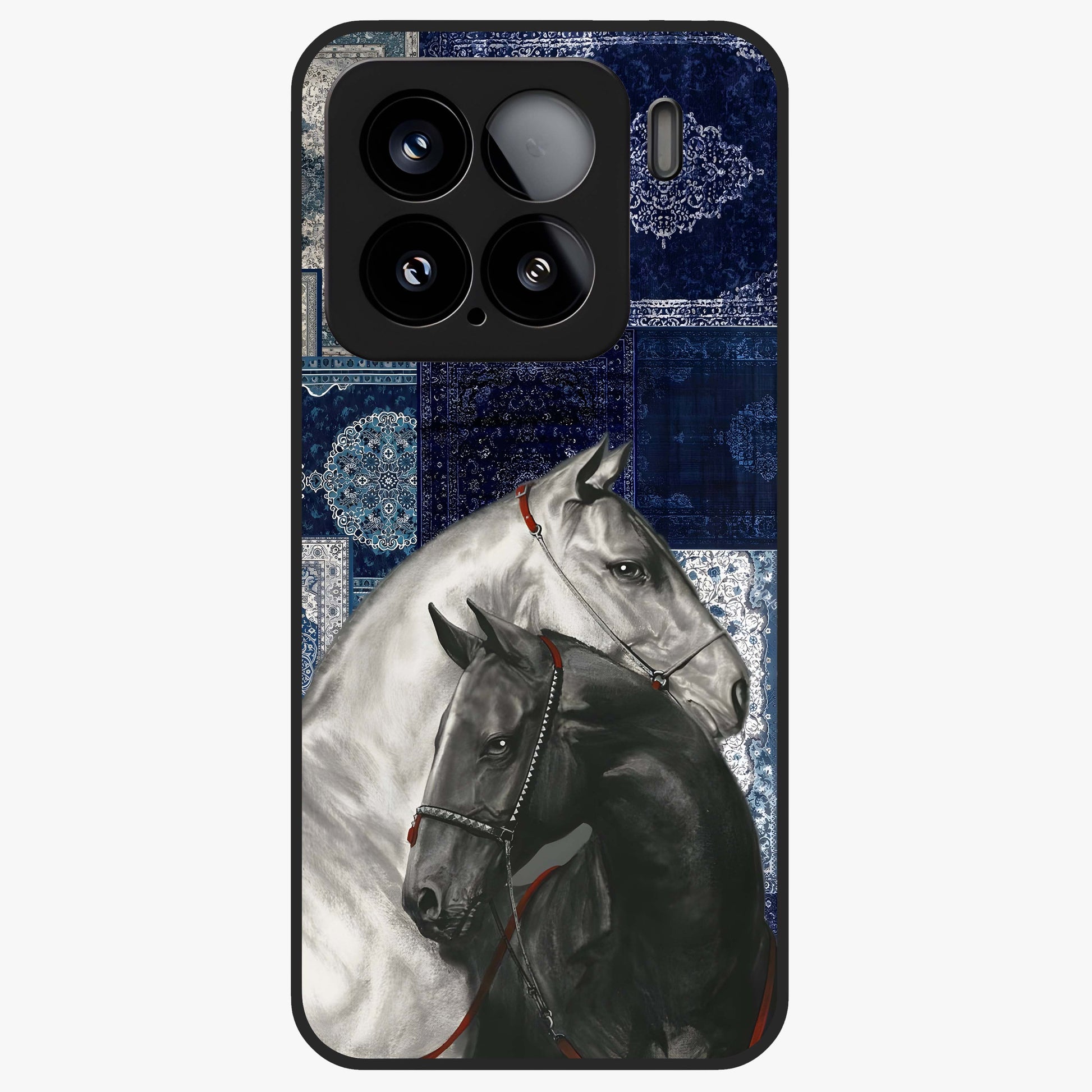 Midnight Stallion Blues Glass Case showing flat back view with majestic horse artwork and glossy glass finish.
