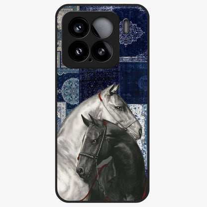 Midnight Stallion Blues Glass Case showing flat back view with majestic horse artwork and glossy glass finish.