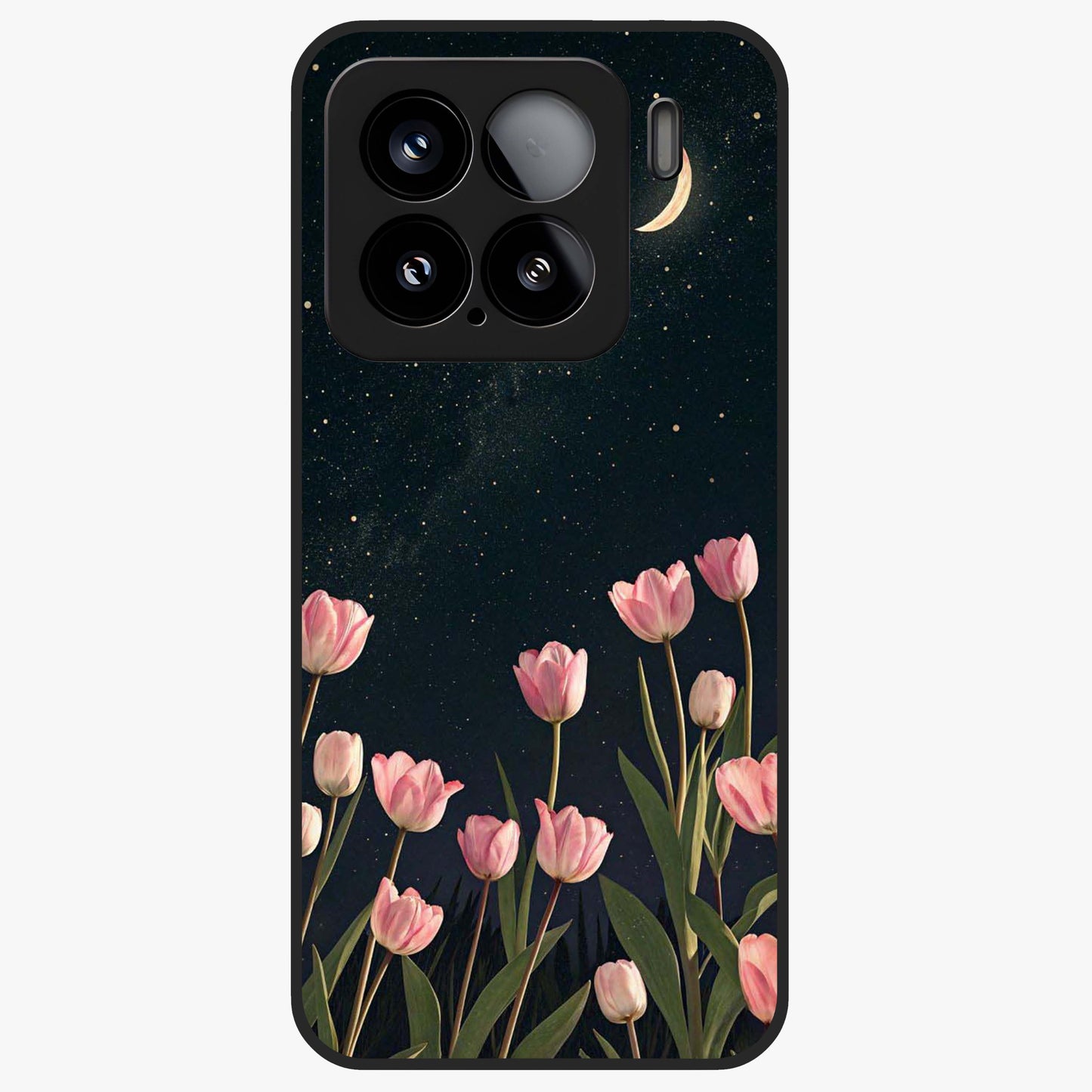 Midnight Tulip Whispers Vibe Glass Case showing flat back view with elegant tulip flower artwork and glossy glass finish.