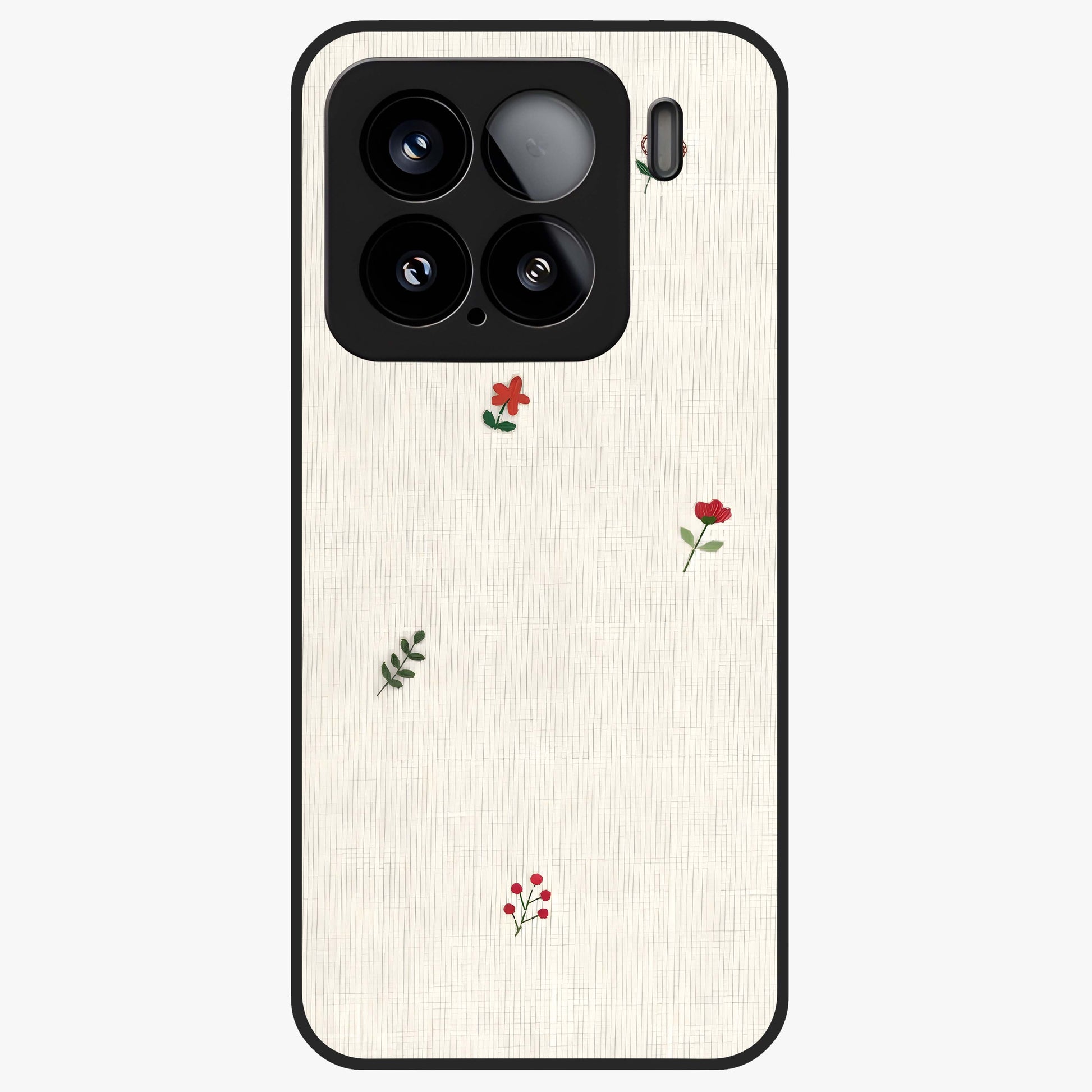 Minimal Petal Whispers Glass Case showing flat back view with soft minimal floral artwork and glossy glass finish.