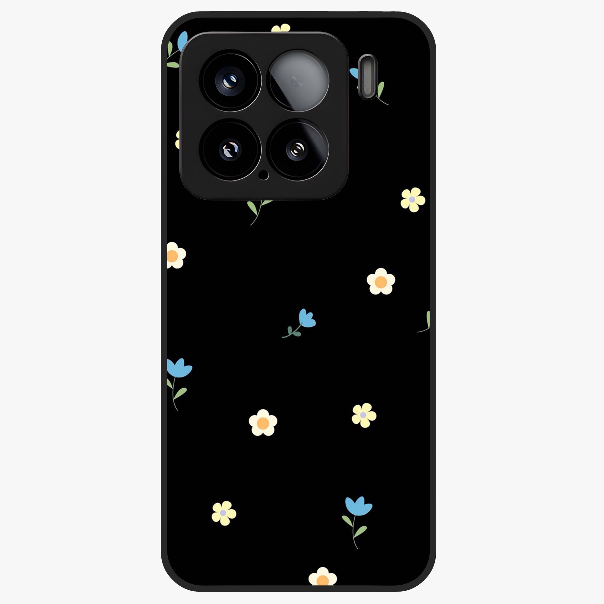 Minimalistic Blue With White Flower Pattern Glass Case showing flat back view with blue background and white flower pattern and glossy glass finish.