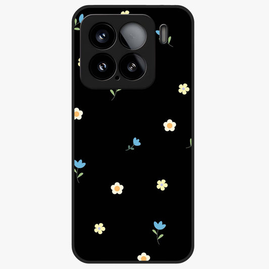 Minimalistic Blue With White Flower Pattern Glass Case showing flat back view with blue background and white flower pattern and glossy glass finish.
