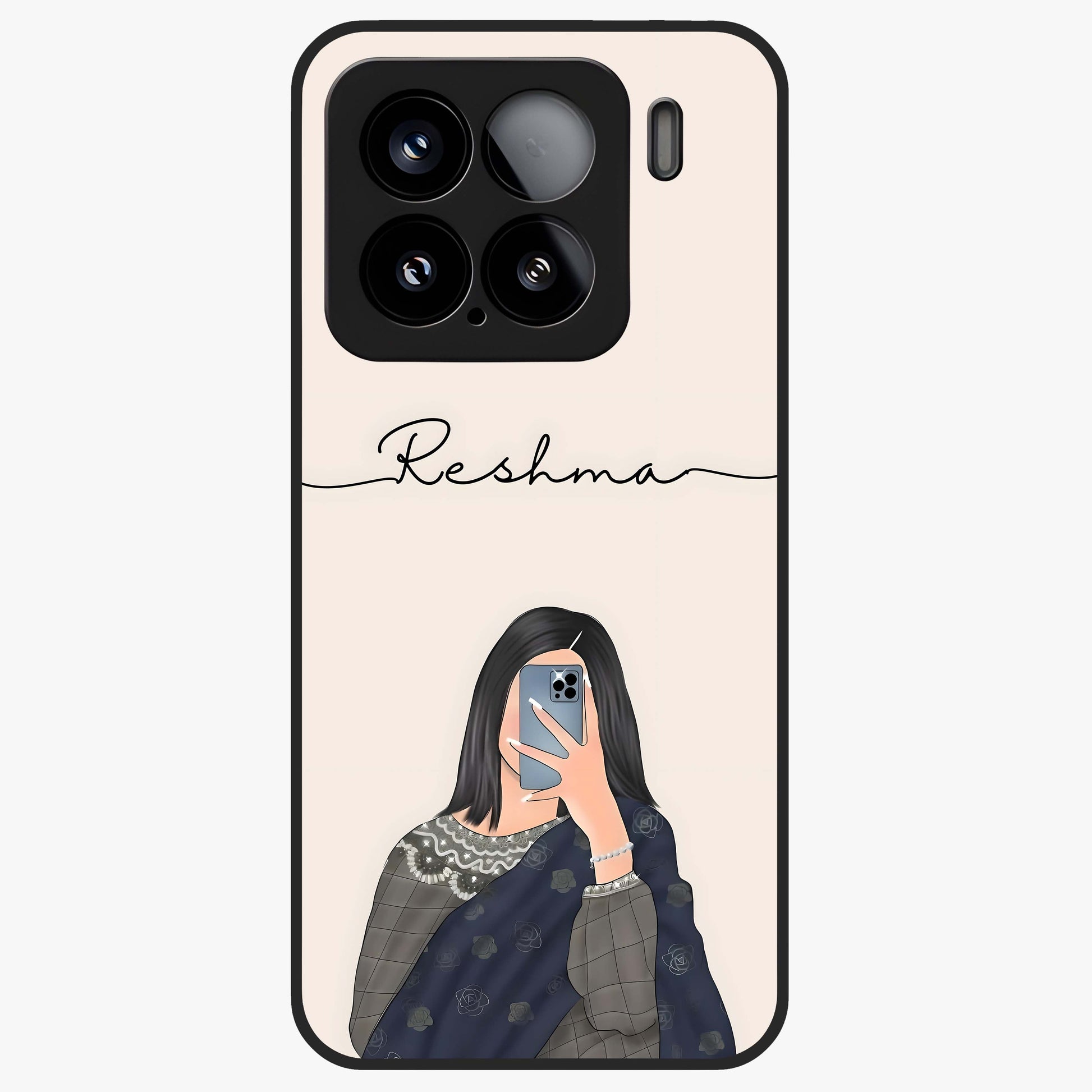 Mirror Mood Muse With Custom Name Glass Case showing flat back view with stylish mirrored artwork and personalized name design.