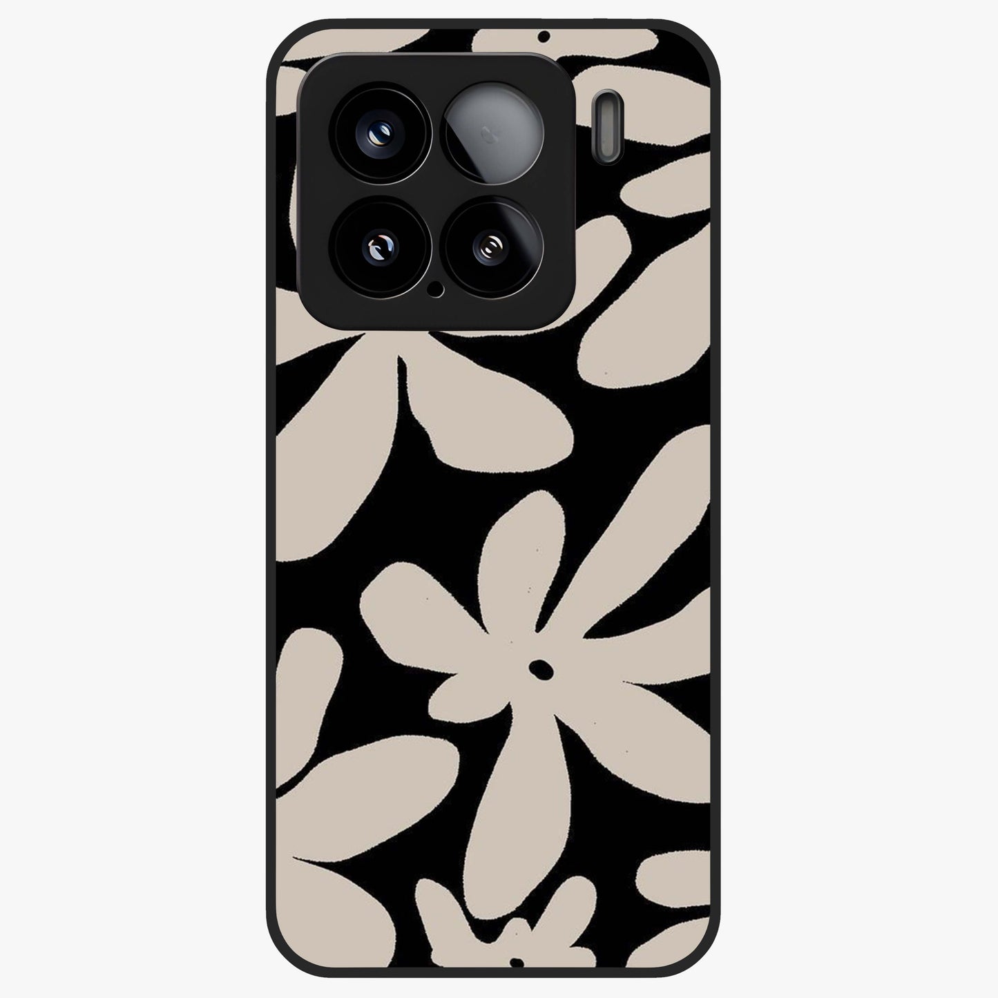 Monochrome Petal Dance Glass Case showing flat back view with monochrome floral artwork and glossy glass finish.