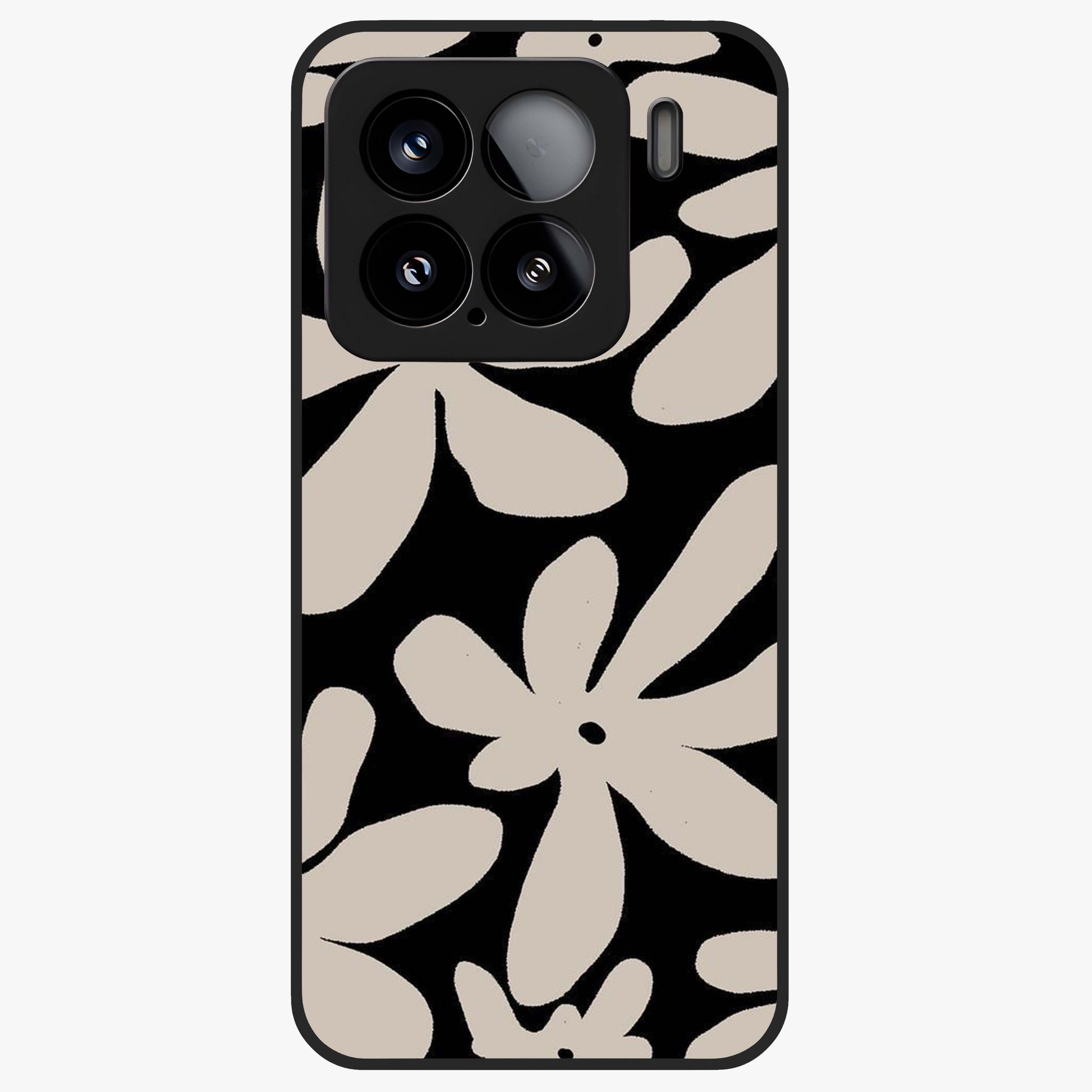 Monochrome Petal Dance Glass Case showing flat back view with monochrome floral artwork and glossy glass finish.