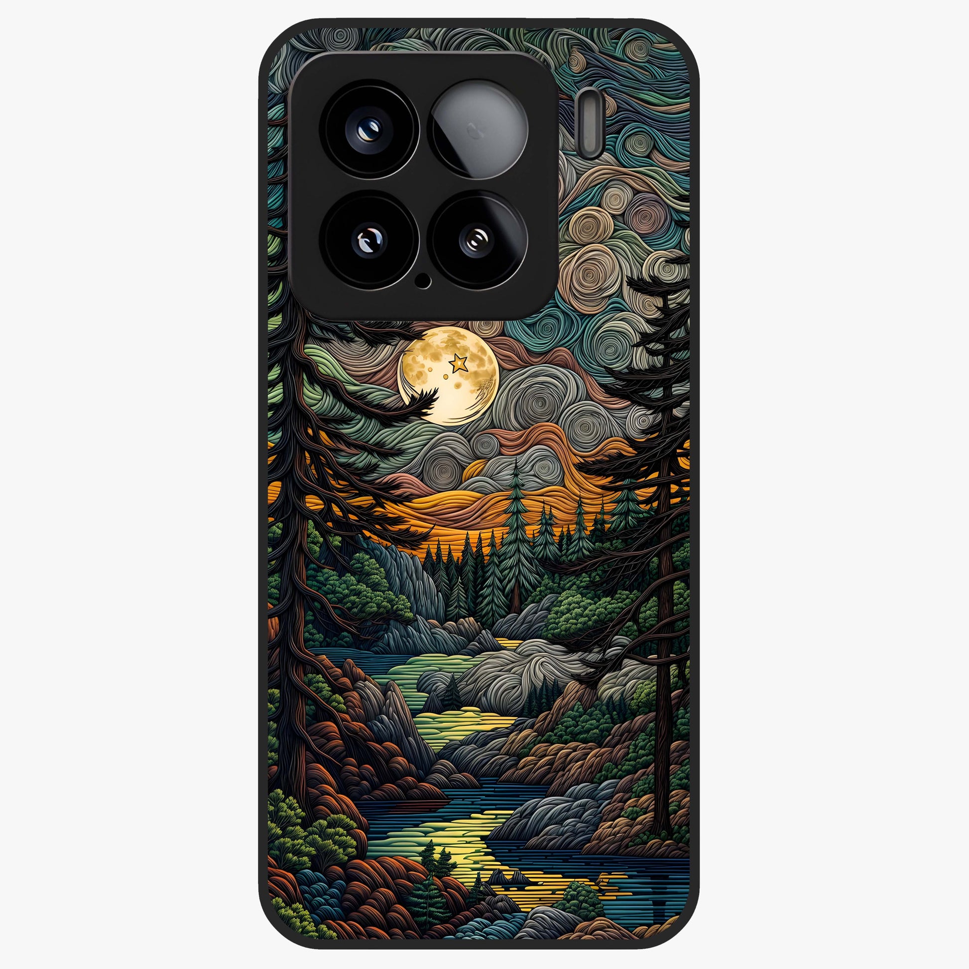 Moonlight Forest Dream Glass Case showing flat back view with mystical forest moonlight artwork and glossy glass finish.