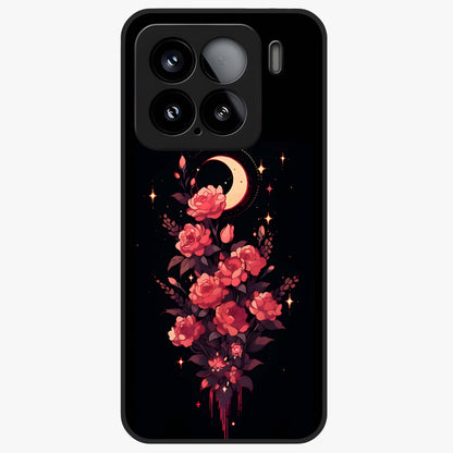 Moonlit Floral Elegance Glass Case showing flat back view with elegant floral artwork under moonlit tones and glossy glass finish.