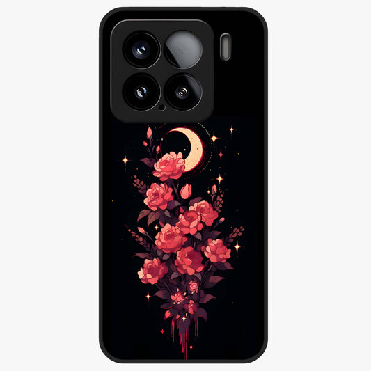 Moonlit Floral Elegance Glass Case showing flat back view with elegant floral artwork under moonlit tones and glossy glass finish.