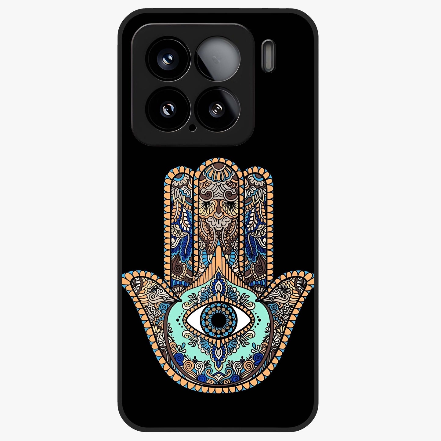 Mystic Hamsa Eye Glass Case showing flat back view with protective hamsa hand and evil eye artwork and glossy glass finish.