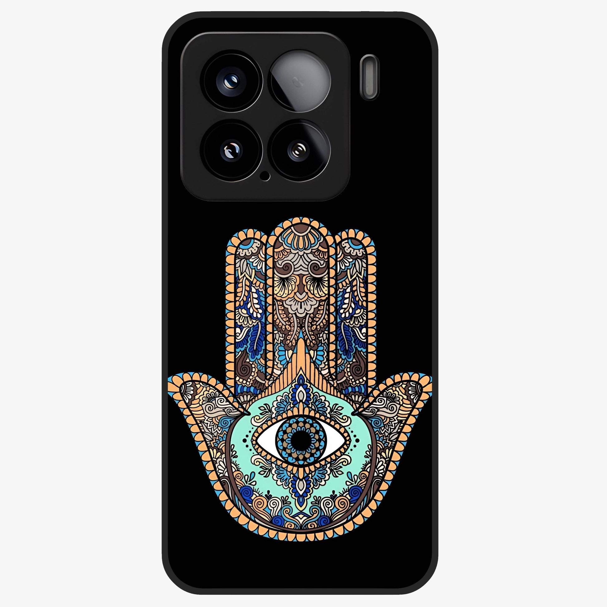 Mystic Hamsa Eye Glass Case showing flat back view with protective hamsa hand and evil eye artwork and glossy glass finish.
