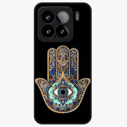 Mystic Hamsa Eye Glass Case showing flat back view with protective hamsa hand and evil eye artwork and glossy glass finish.